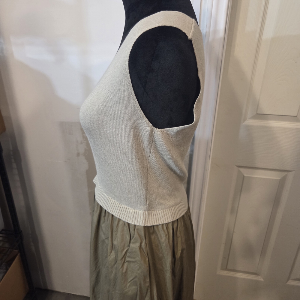 Taylor Cream Knit Bodice Olive Green Full Maxi Skirt Dress Vneck Pockets Pleated - Picture 6 of 12